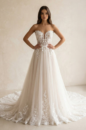 Ivory Off - the - Shoulder Lace A - Line Wedding Dress - SHE IS ME Wedding Dresses