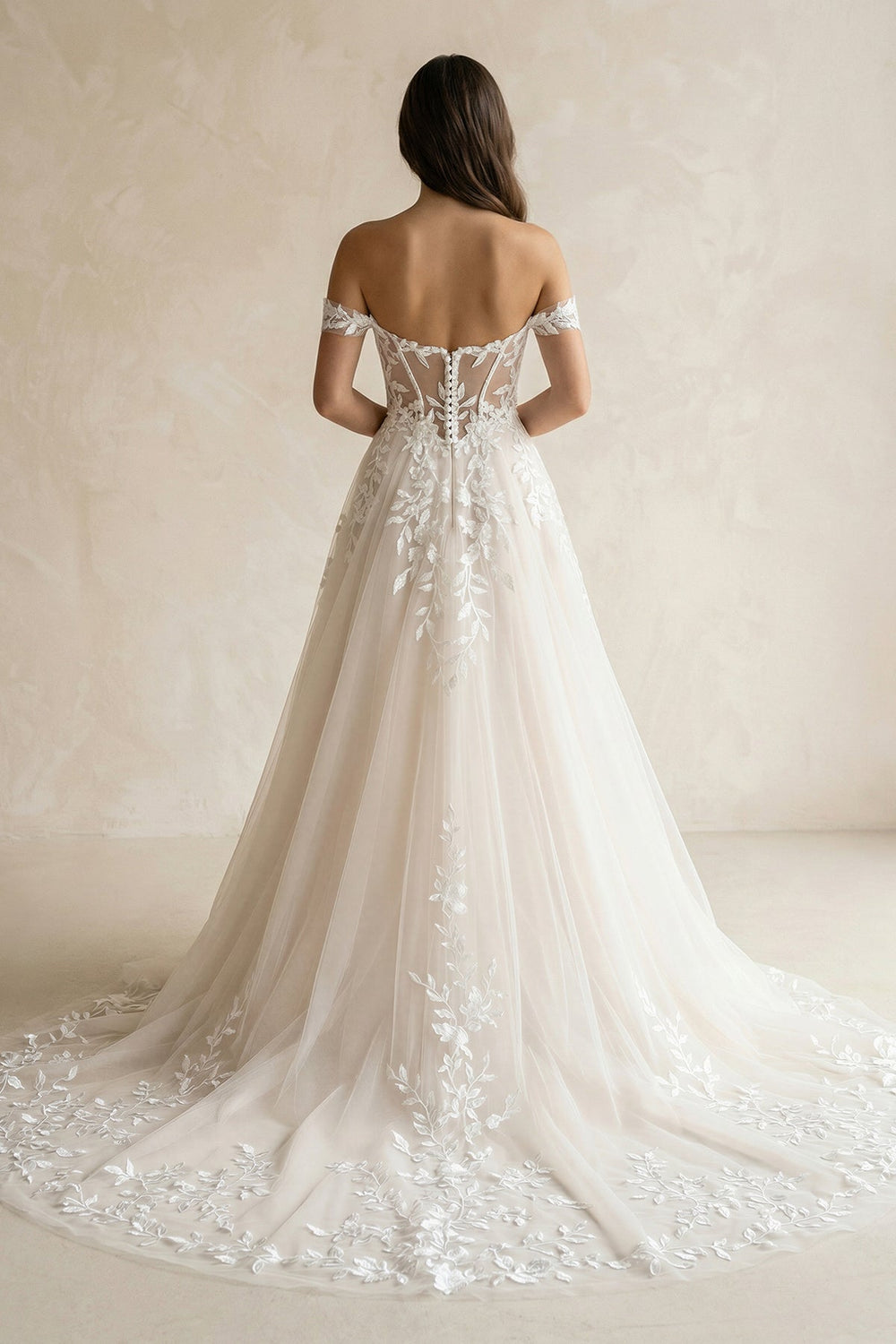 Ivory Off - the - Shoulder Lace A - Line Wedding Dress - SHE IS ME Wedding Dresses