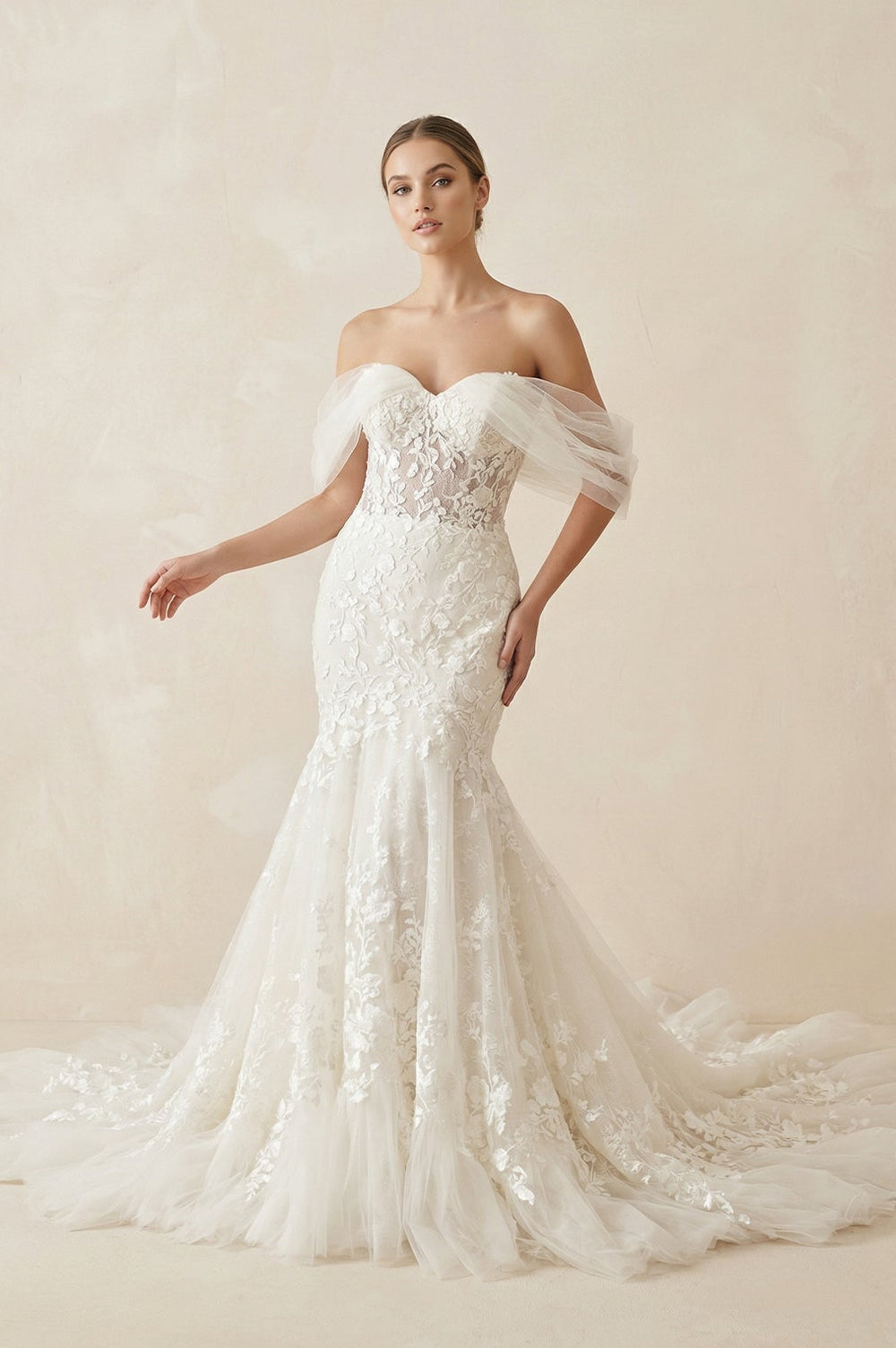 Ivory Off - the - Shoulder Lace Mermaid Wedding Dress - SHE IS ME Wedding Dresses