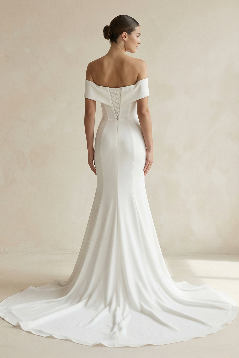 Ivory Off - the - Shoulder Satin Mermaid Wedding Dress - SHE IS ME Wedding Dresses