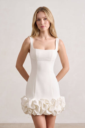 Ivory Ruched Spandex Mini Dress With Ruffles (3) | SHEISME