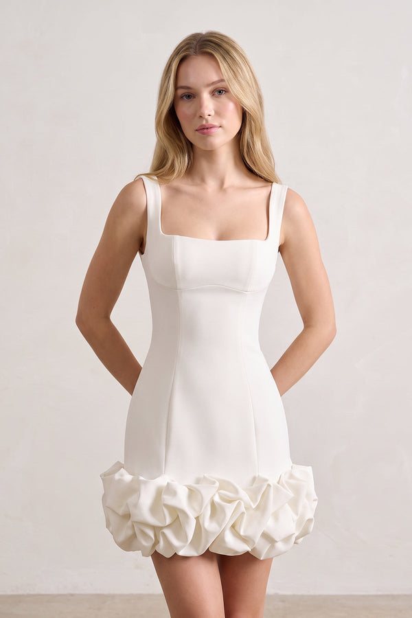 Ivory Ruched Spandex Mini Dress With Ruffles (3) | SHEISME