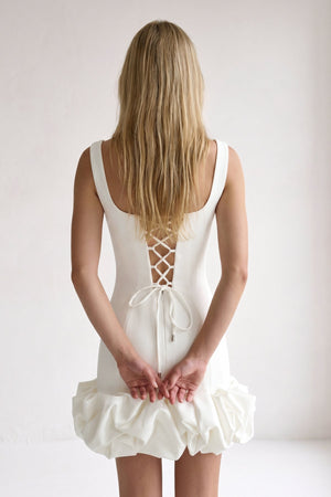 Ivory Ruched Spandex Mini Dress With Ruffles (4) | SHEISME