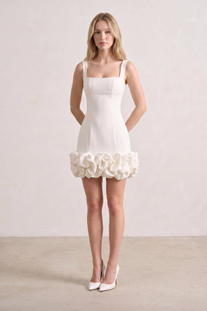 Ivory Ruched Spandex Mini Dress With Ruffles (5) | SHEISME