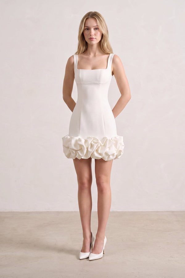 Ivory Ruched Spandex Mini Dress With Ruffles (5) | SHEISME