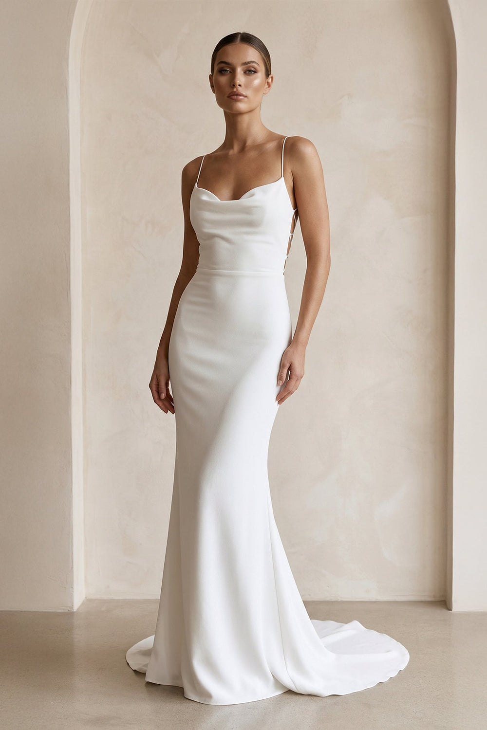 Ivory Satin Mermaid Lace - up Back Wedding Dress in White - SHE IS ME Wedding Dresses