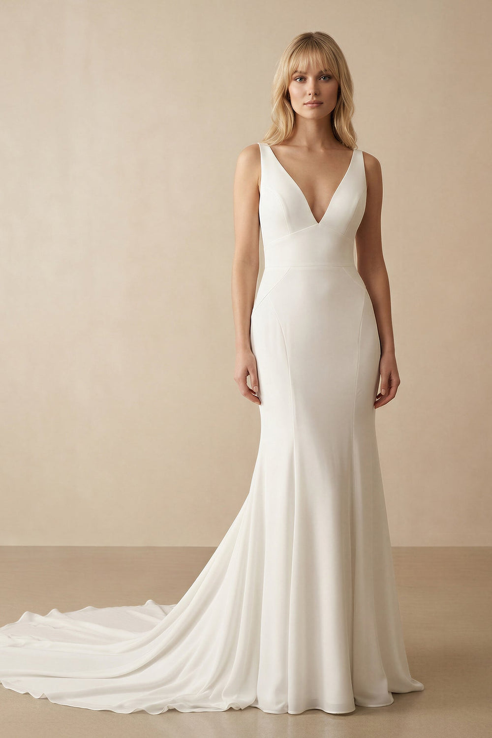 Ivory Satin V - Neck Mermaid Wedding Dress - SHE IS ME Wedding Dresses