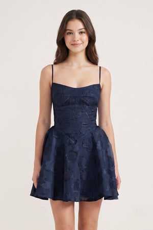 Navy Blue Spaghetti Straps Chiffon Jacquard A-Line Homecoming Dress | SHEISME