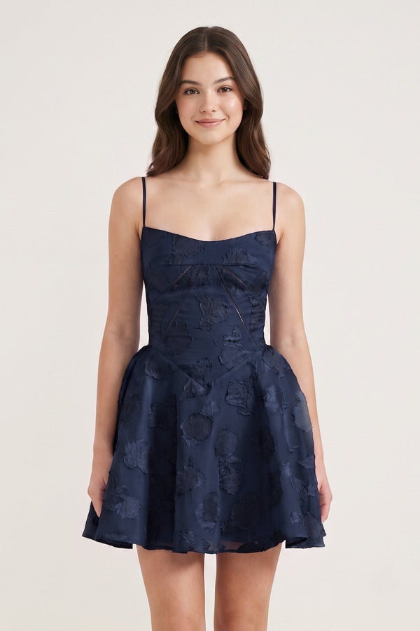 Navy Blue Spaghetti Straps Chiffon Jacquard A-Line Homecoming Dress | SHEISME