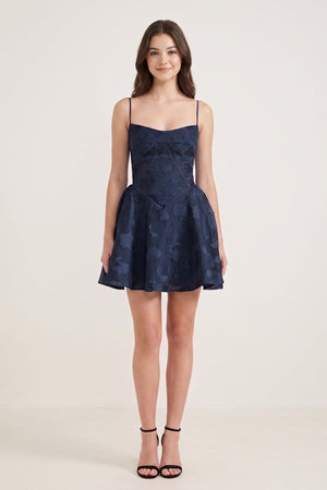 Navy Blue Spaghetti Straps Chiffon Jacquard A-Line Homecoming Dress (3) | SHEISME