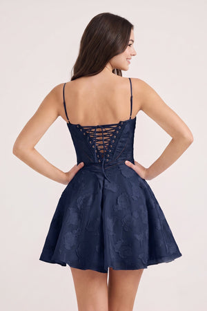 Navy Blue Spaghetti Straps Chiffon Jacquard A-Line Homecoming Dress (2) | SHEISME