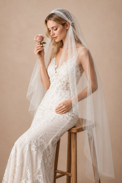 Juliet Cap Veils Asymmetrical Hem Knee Length Bridal Veil in Ivory - SHE IS ME Wedding Veils