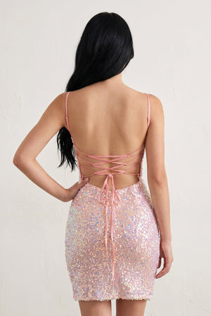 Kelis | Pink - Sheath Scoop Neck Sequined Short Homecoming Dresses with Slit