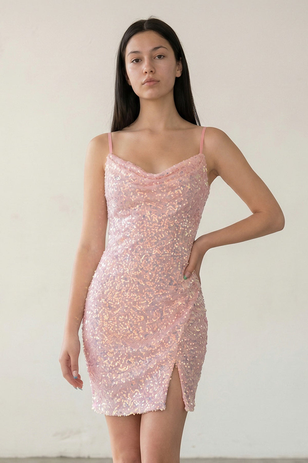 Pink - Sheath Scoop Neck Sequined Mini Homecoming Dresses with Slit