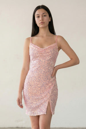 Kelis | Pink - Sheath Scoop Neck Sequined Short Homecoming Dresses with Slit