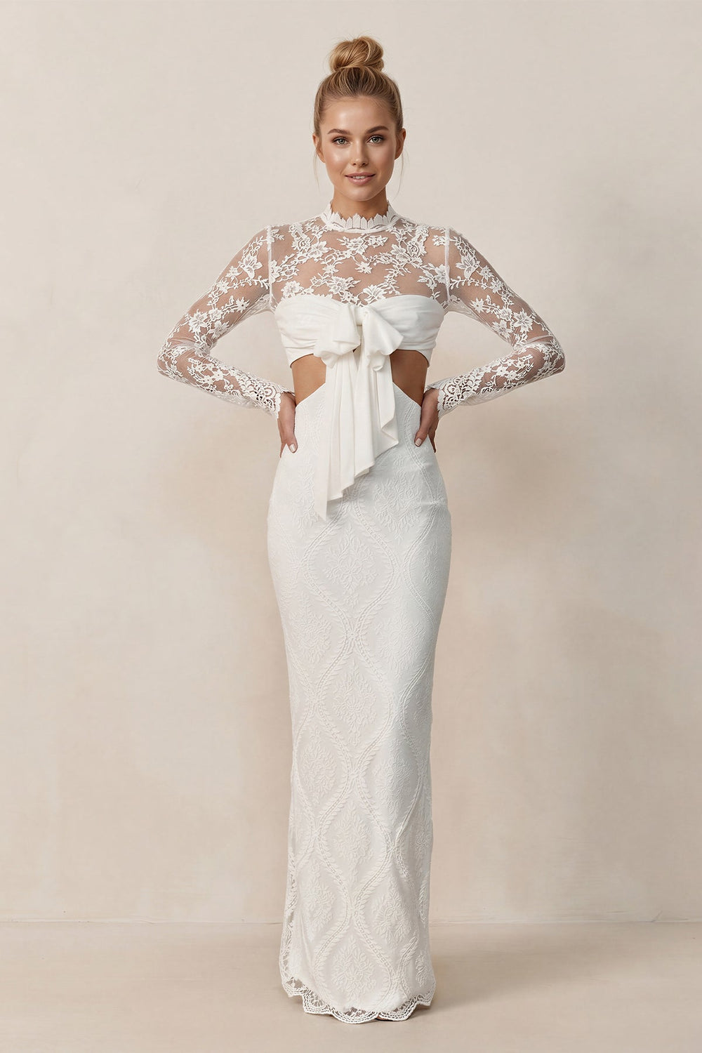 Keyhole Lace Illusion Neck Sheath Wedding Dress in White - SHE IS ME Wedding Dresses