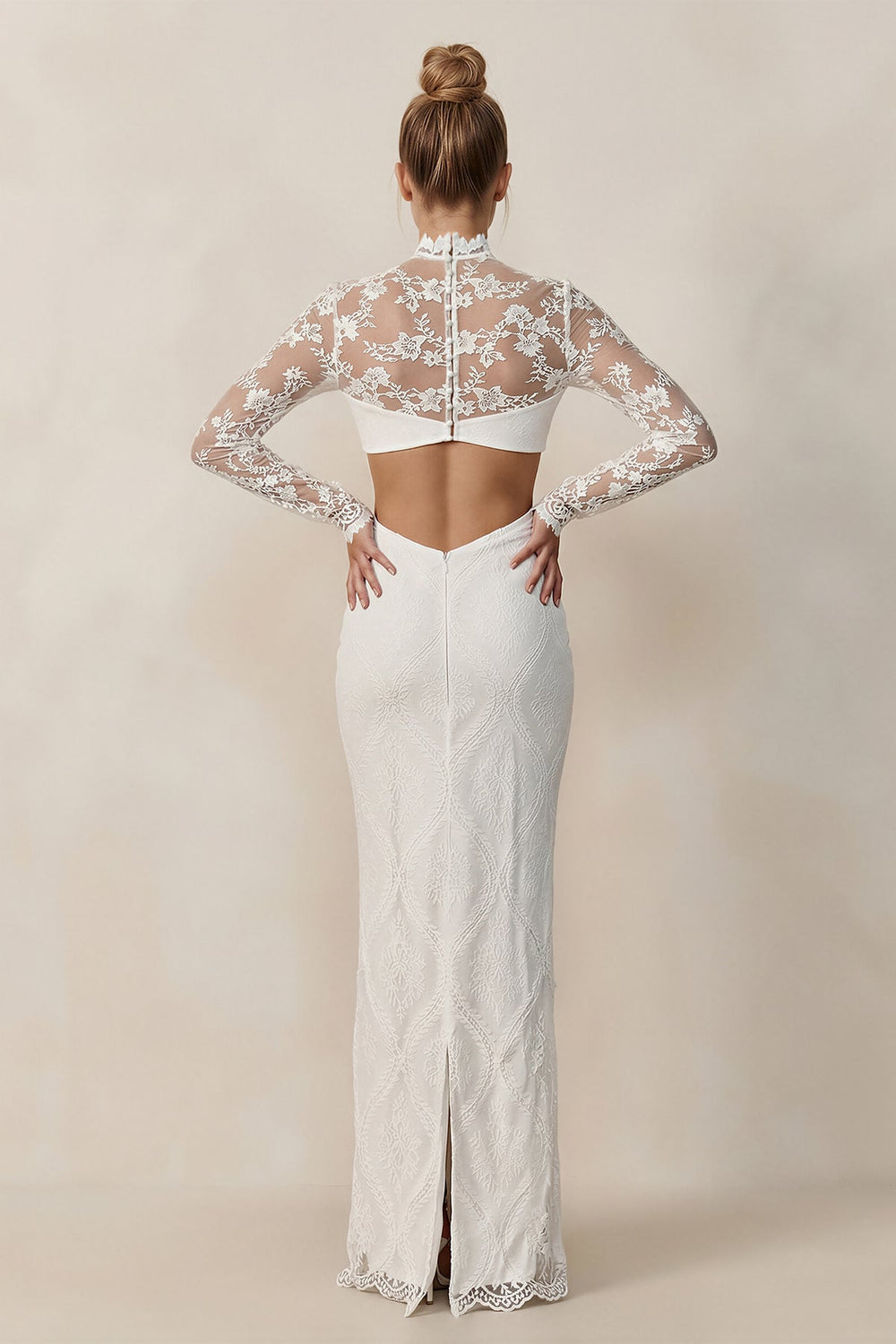 Keyhole Lace Illusion Neck Sheath Wedding Dress in White - SHE IS ME Wedding Dresses
