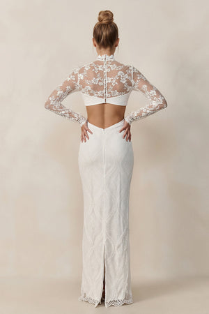 Keyhole Lace Illusion Neck Sheath Wedding Dress in White - SHE IS ME Wedding Dresses