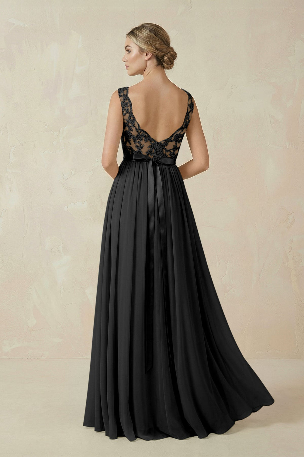 Lace A - Line Bateau Neck Chiffon Long Bridesmaid Dress in Black - SHE IS ME Bridesmaid Dresses