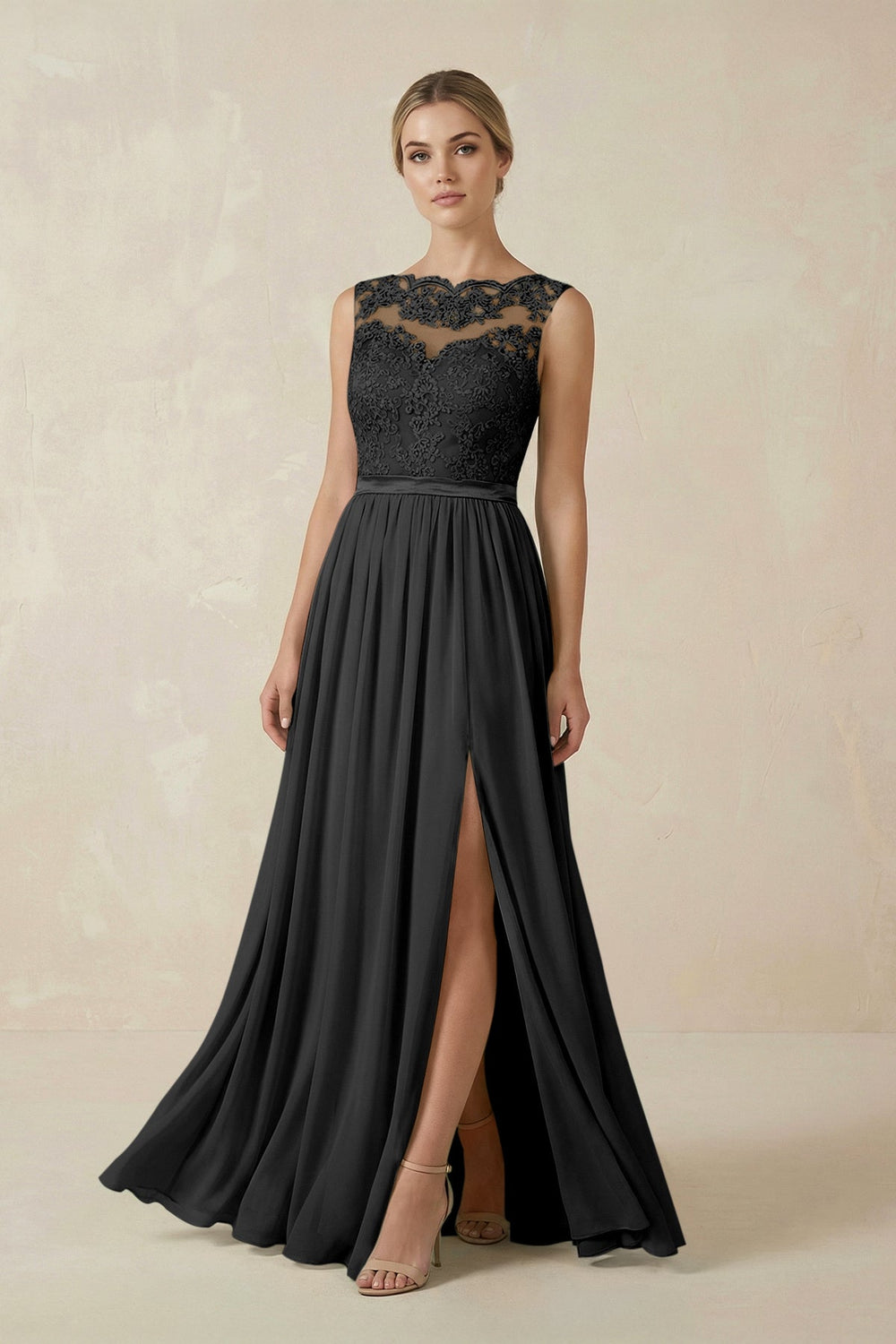Lace A - Line Bateau Neck Chiffon Long Bridesmaid Dress in Black - SHE IS ME Bridesmaid Dresses