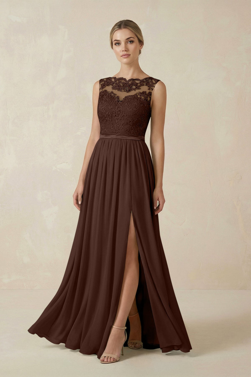 Lace A - Line Bateau Neck Chiffon Long Bridesmaid Dress in Espresso - SHE IS ME Bridesmaid Dresses
