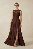 Lace A - Line Bateau Neck Chiffon Long Bridesmaid Dress in Espresso - SHE IS ME Bridesmaid Dresses