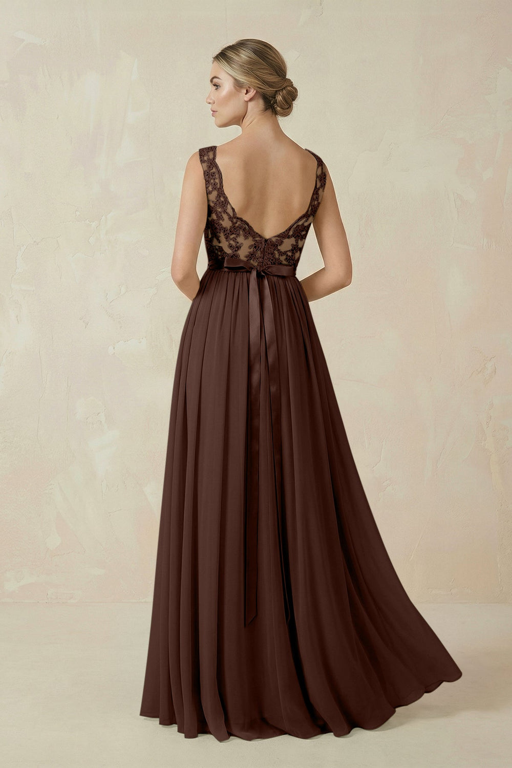 Lace A - Line Bateau Neck Chiffon Long Bridesmaid Dress in Espresso - SHE IS ME Bridesmaid Dresses