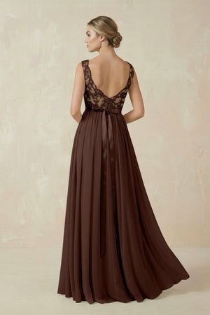 Lace A - Line Bateau Neck Chiffon Long Bridesmaid Dress in Espresso - SHE IS ME Bridesmaid Dresses