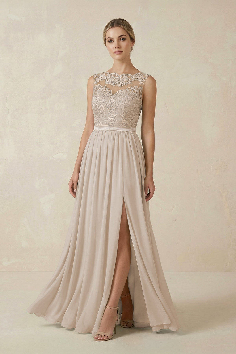 Lace A - Line Bateau Neck Chiffon Long Bridesmaid Dress in Frost - SHE IS ME Bridesmaid Dresses