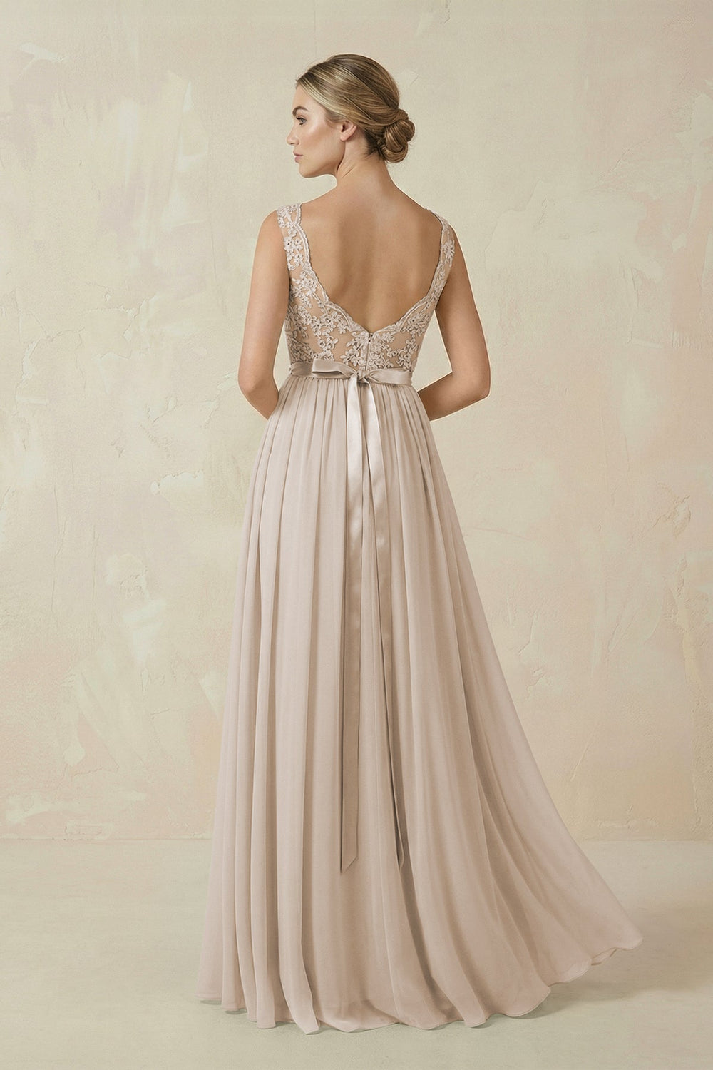 Lace A - Line Bateau Neck Chiffon Long Bridesmaid Dress in Frost - SHE IS ME Bridesmaid Dresses