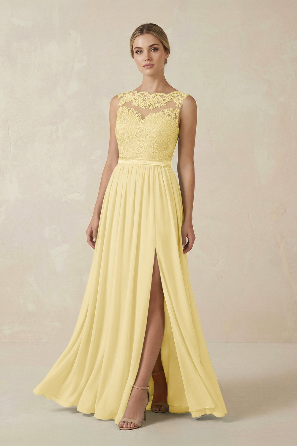 Lace A - Line Bateau Neck Chiffon Long Bridesmaid Dress in Pastel Yellow - SHE IS ME Bridesmaid Dresses