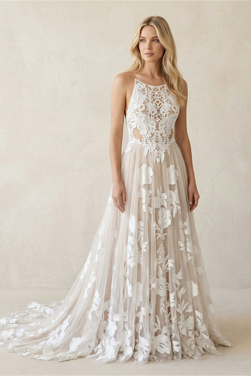 Lace A - Line Cami Strap Appliqued Wedding Dress in Ivory - SHE IS ME Wedding Dresses