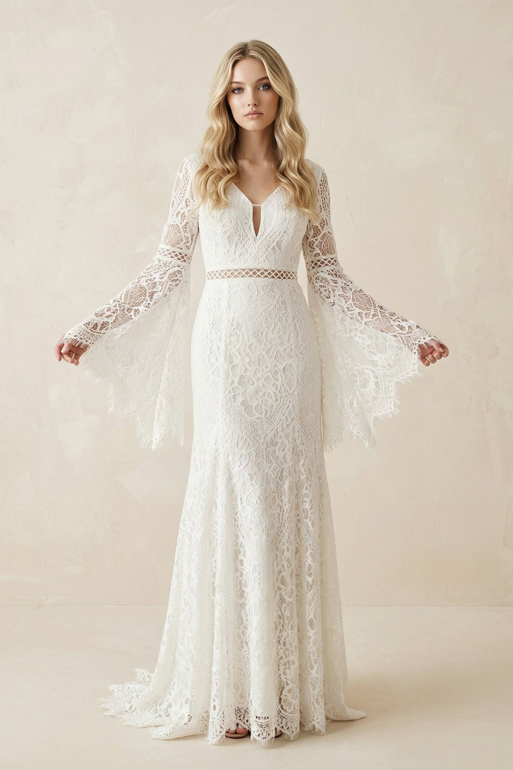 Lace A - Line Long Sleeve V - Neck Wedding Dress in White - Nude - SHE IS ME Wedding Dresses