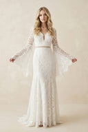 Lace A - Line Long Sleeve V - Neck Wedding Dress in White - Nude - SHE IS ME Wedding Dresses