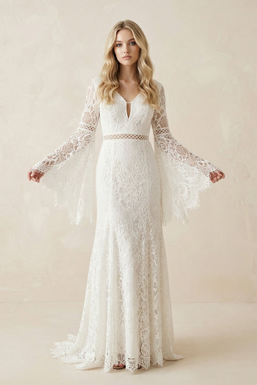 Lace A - Line Long Sleeve V - Neck Wedding Dress in White - Nude - SHE IS ME Wedding Dresses