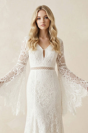 Lace A - Line Long Sleeve V - Neck Wedding Dress in White - Nude - SHE IS ME Wedding Dresses