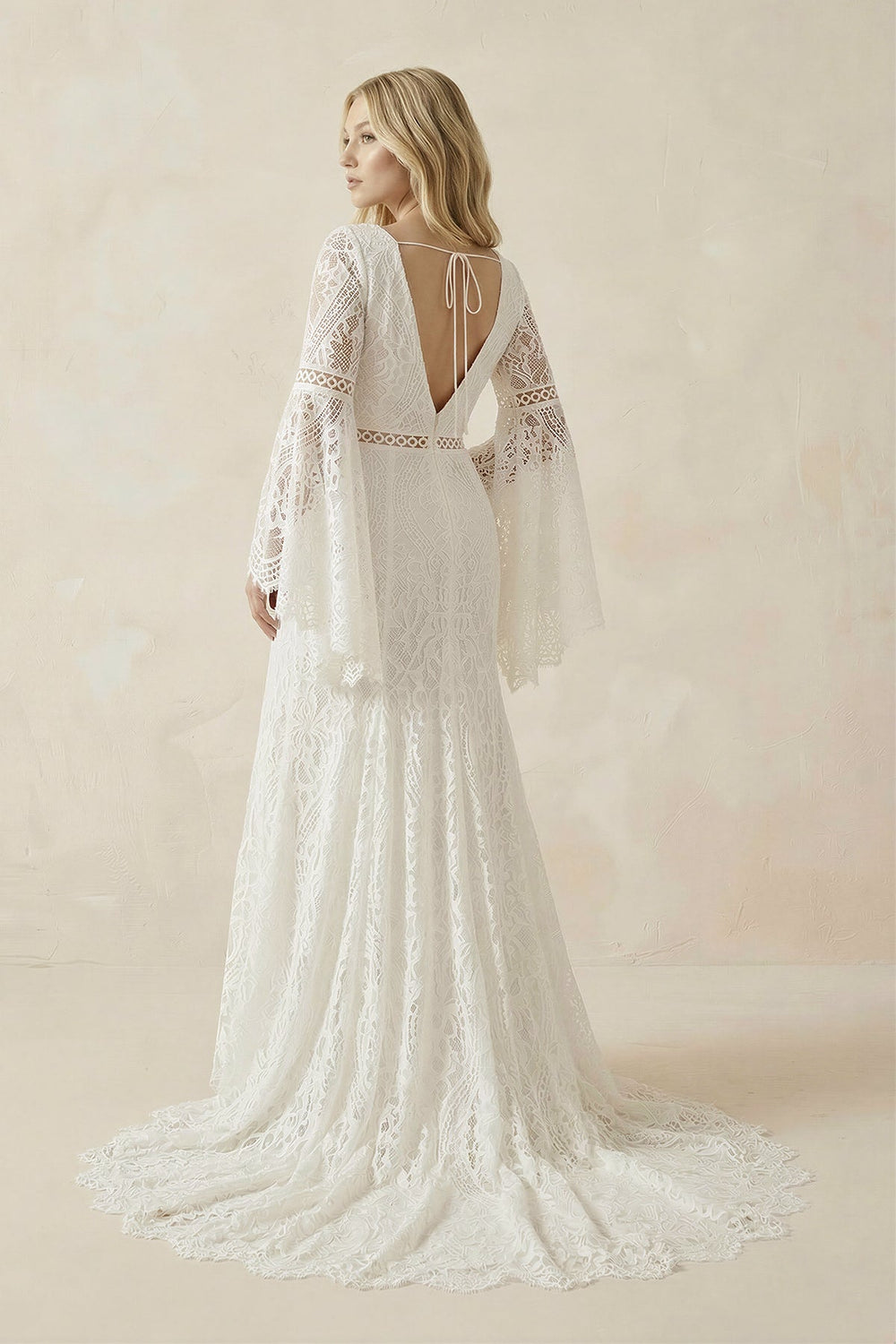 Lace A - Line Long Sleeve V - Neck Wedding Dress in White - Nude - SHE IS ME Wedding Dresses