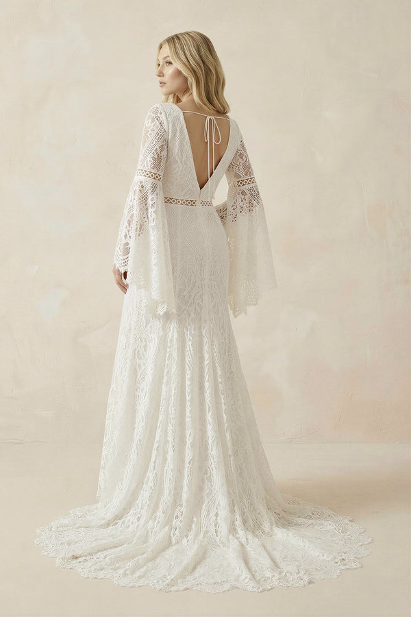 Lace A - Line Long Sleeve V - Neck Wedding Dress in White - Nude - SHE IS ME Wedding Dresses