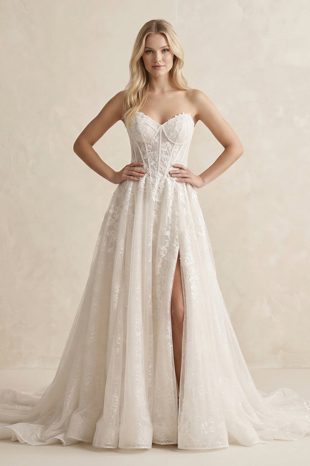 Lace A - Line Sweetheart Corset Wedding Dress With Slit in Ivory - SHE IS ME Wedding Dresses