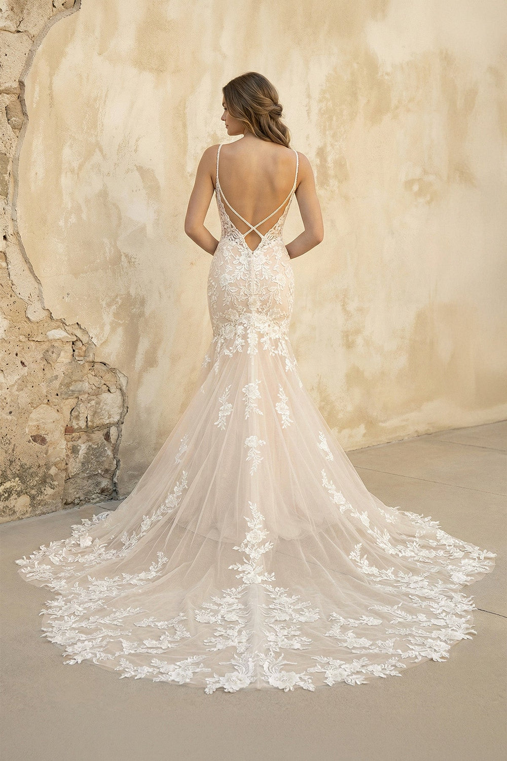 Lace Backless Mermaid Long Wedding Dress in Ivory - SHE IS ME Wedding Dresses