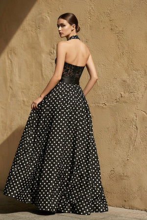 Lace Bodice Polka Dot Gown in Black - SHE IS ME