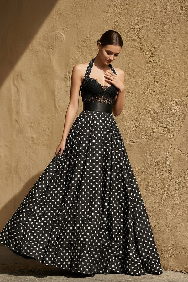 Lace Bodice Polka Dot Gown in Black - SHE IS ME