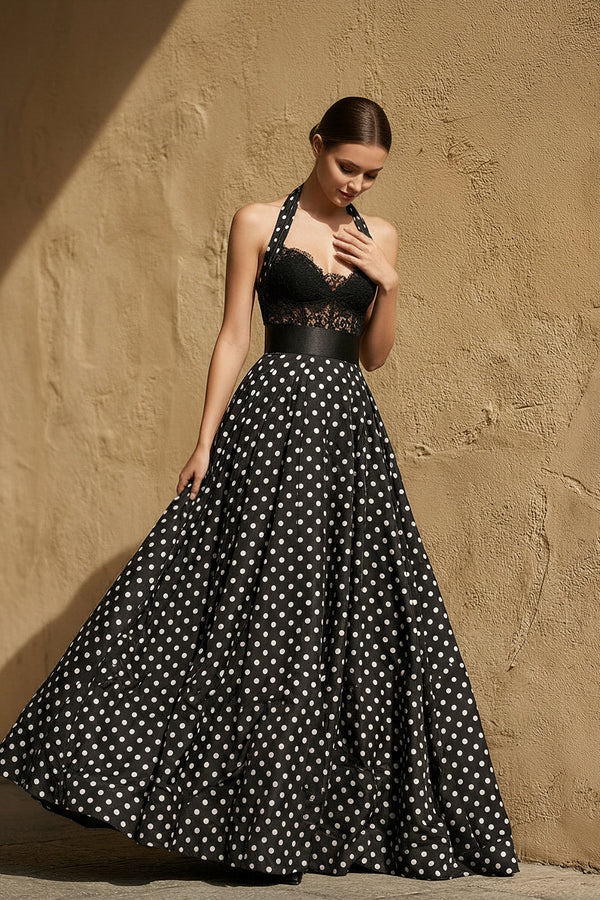 Sheisme-Black Halter Lace Taffeta A-Line Maxi Polka Dot Evening Formal Dress