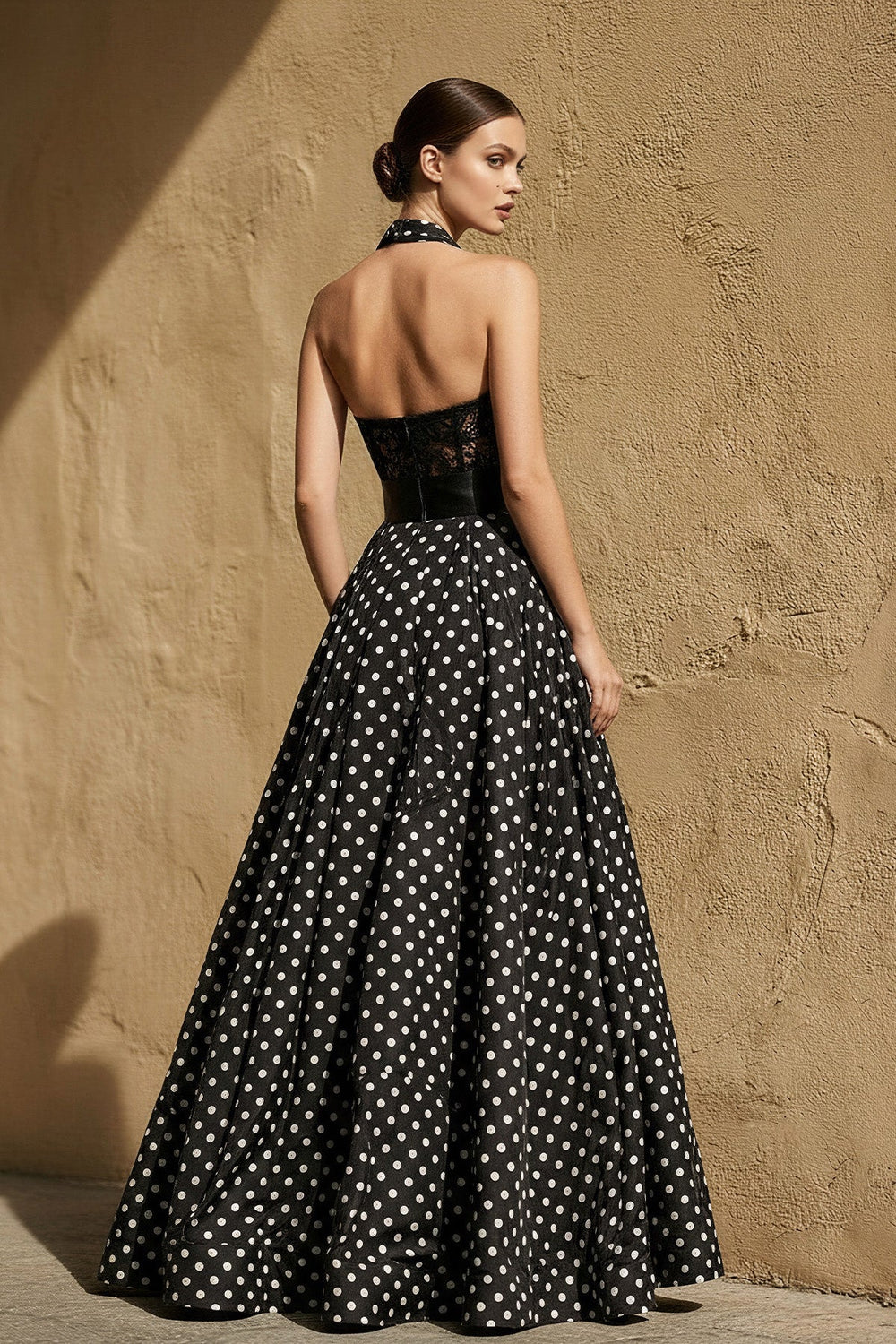 Lace Bodice Polka Dot Prom Gown in Black - SHE IS ME PROM DRESSES
