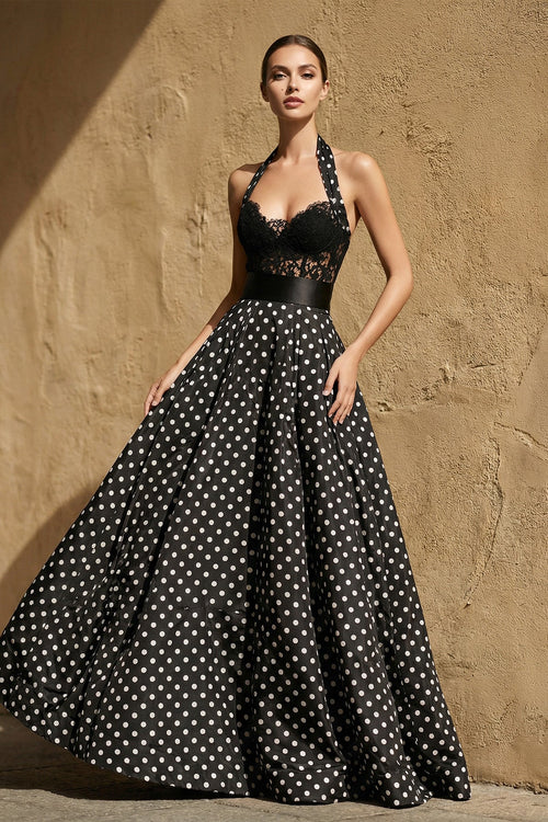 Lace Bodice Polka Dot Prom Gown in Black - SHE IS ME PROM DRESSES