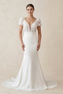 Lace Cap Sleeve Satin V - Neck Mermaid Wedding Dress in White - SHE IS ME Wedding Dresses