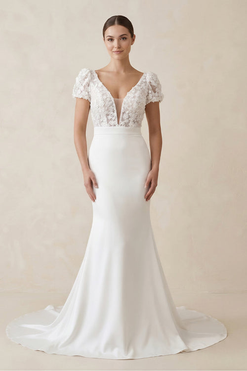 Lace Cap Sleeve Satin V - Neck Mermaid Wedding Dress in White - SHE IS ME Wedding Dresses