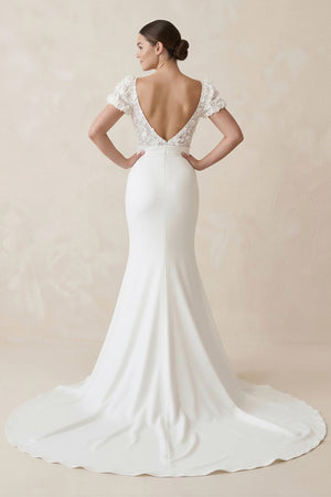 Lace Cap Sleeve Satin V - Neck Mermaid Wedding Dress in White - SHE IS ME Wedding Dresses