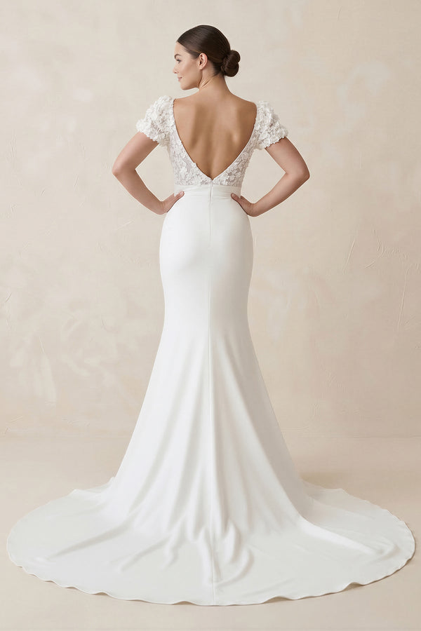 Lace Cap Sleeve Satin V - Neck Mermaid Wedding Dress in White - SHE IS ME Wedding Dresses