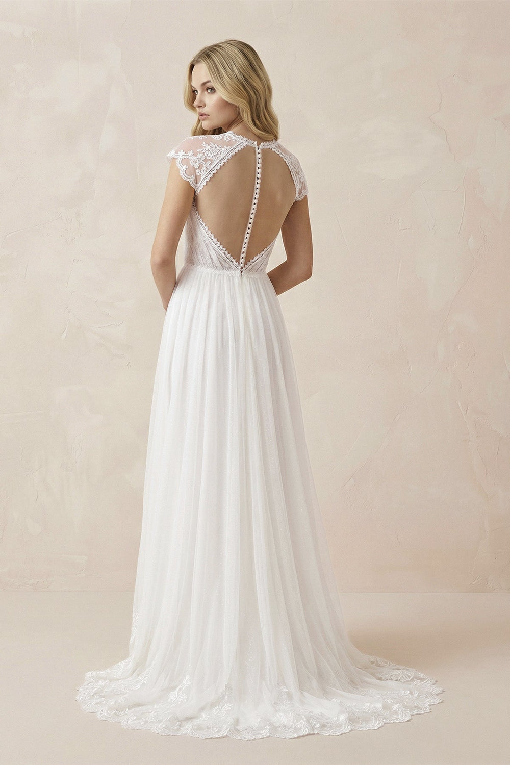 Lace Cap Sleeve V - Neck A - Line Tulle Wedding Dress in White - SHE IS ME Wedding Dresses